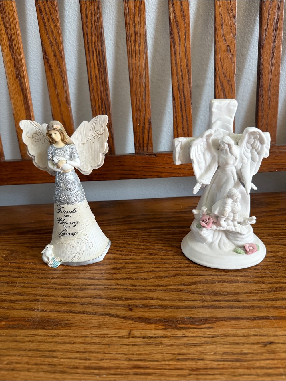 White Ceramic Angel Sculpture with Pink Rose Accents - Brand Unknown